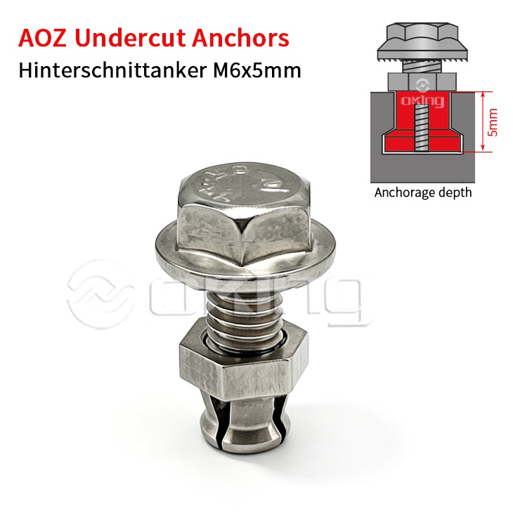 Ancairí Foghearrtha AOZ Cruach Dhosmálta M6x5mm, Hinterschnittanker Le haghaidh Córais Socraithe Foghearrtha